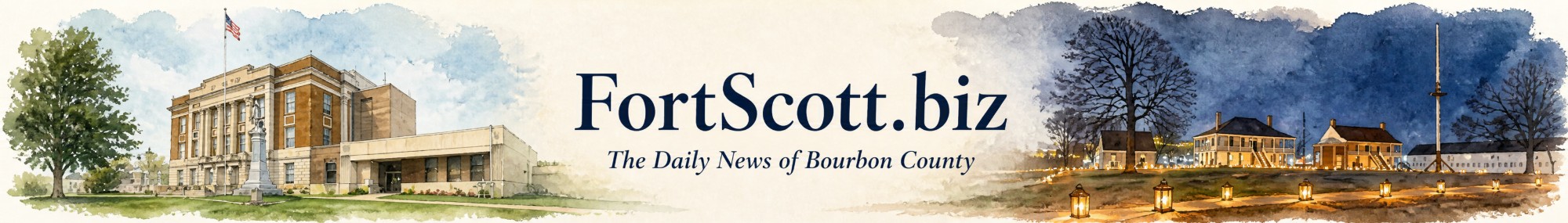 FortScott.biz — The Daily News of Bourbon County: watercolor banner showing the Bourbon County Courthouse and the Fort Scott National Historic Site at dusk.