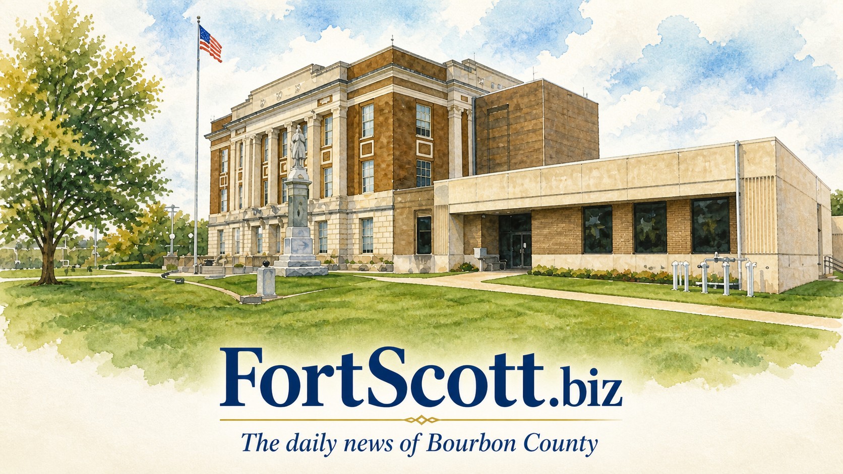 Watercolor painting of the Bourbon County Courthouse in Fort Scott, Kansas, with the FortScott.biz wordmark and the tagline 'The daily news of Bourbon County.'